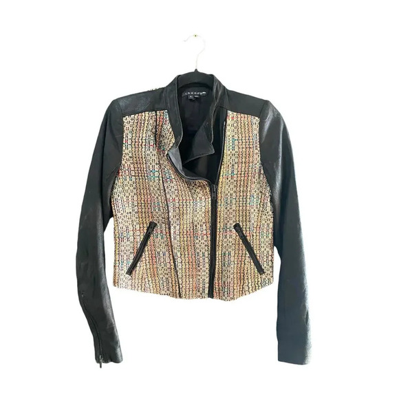 Theory Assymetrical Leather Silk Tweed Rainbow Moto Jacket Size 4 - Picture 2 of 7